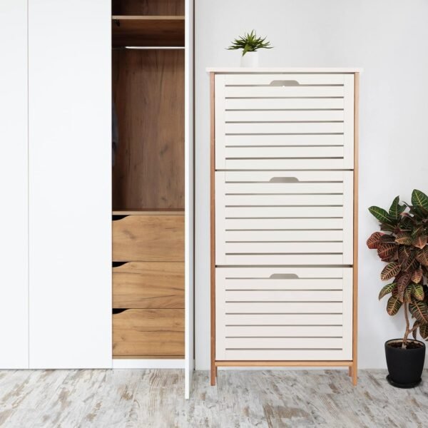 ONVAYA® Armoire à chaussures en bambou blanc - Peu encombrant avec 3 rabats - Meuble à chaussures étroit avec espace pour 9 paires de chaussures - Matériau robuste avec découpes pour la circulation de – Image 2