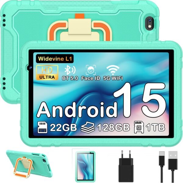 JUEDUR Android 15 Tablette Enfants 10 Pouces, 22Go RAM+128Go ROM(TF 1To), Octa-Core, 8000mAH, WiFi 6, 5+8MP, Contrôle Parental, avec EVA Étui de Protection Antichoc, 360° Rolatif Support (Vert Clair)