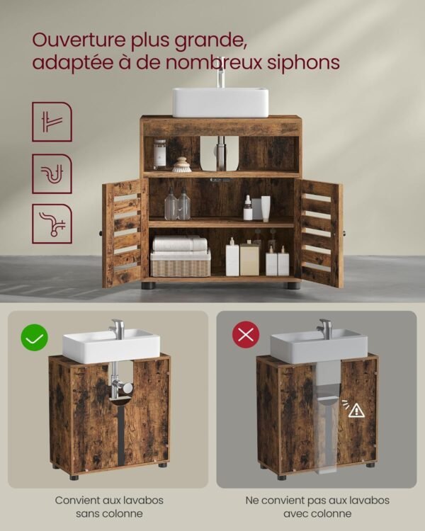VASAGLE Meuble sous Lavabo, Meuble de Salle de Bain, Placard de Rangement, 30 x 60 x 64 cm, convient aux Lavabos sans Colonnes, avec 2 Portes Persiennes, Planche Réglable, Marron Rustique BBK04BX – Image 5
