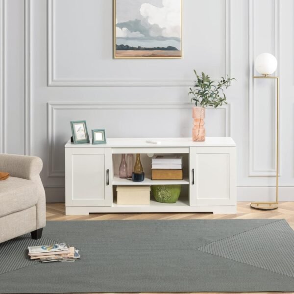 Zinus Bennett Meuble TV - Meuble TV de style rustique avec étagères de rangement et portes - Meuble multimédia en bois - Table polyvalente - Blanc – Image 3