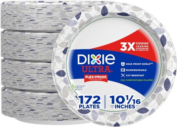 Dixie Ultra Lot de 172 assiettes en carton jetables imprimées de 26 cm (4 paquets de 43 assiettes), l'emballage et le design peuvent varier