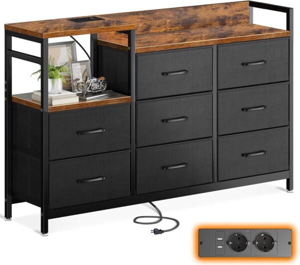 ODK Commode Chambre, 2 Ports USB et 2 Ports AC, Armoire à tiroirs multifonctionnelle pour Chambre et Salon - Buffet Stable et résistant, 132 * 30 * 88 cm, Vintage et Noir