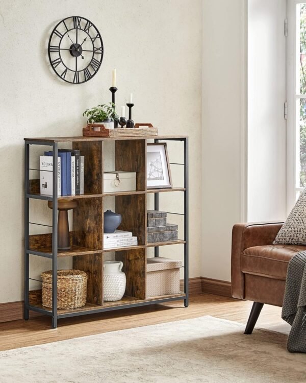 VASAGLE Meuble de Rangement 3 Niveaux, ÉtagÈre Rangement, BibliothÈque Style Industriel, 9 Cubes, pour Salon, Bureau, EntrÉe, Cuisine, 30 x 100 x 103,1 cm, Marron Rustique et Noir LLS112B01 – Image 2