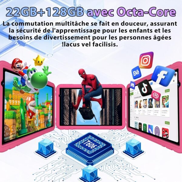 JUEDUR Android 15 Tablette Enfants 10 Pouces, 22Go RAM+128Go ROM(TF 1To), Octa-Core, 8000mAH, WiFi 6, 5+8MP, Contrôle Parental, avec EVA Étui de Protection Antichoc, 360° Rotatif Support （Rouge ） – Image 4