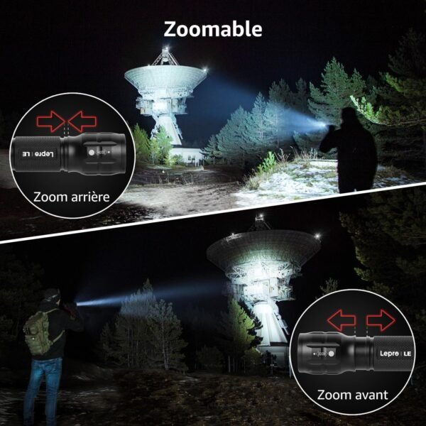 Lighting EVER Lepro Lampe Torche L8000 Puissante, Lampe de Poche Zoomable Étanche IPX4, 3 AAA Piles Compris, LED Militaire en Aluminium pour Camping, Randonnée, Urgences – Image 3