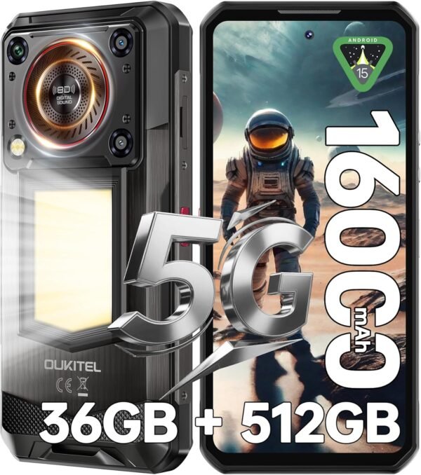 OUKITEL WP56 5G Telephone Portable Incassable Android 15, 36Go RAM+512Go ROM/2To, Smartphone Incassable16000mAh/45W, 128dB Haut-Parleur, 6.8"FHD+/120Hz, Camping 1000LM, Caméra 108MP, NFC/OTG/Dual SIM