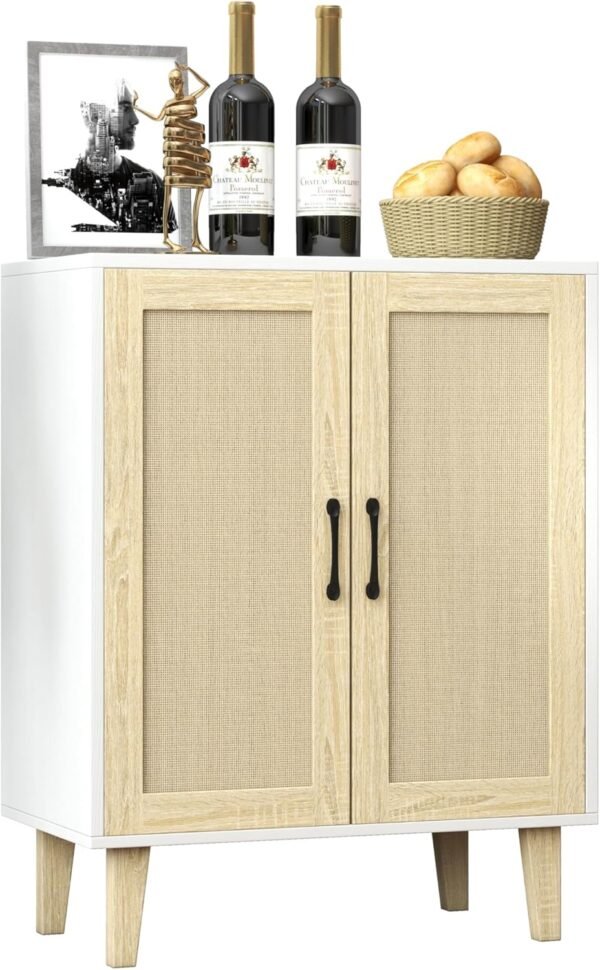 Panana Meuble de Rangement en Rotin et MDF, Buffets Haut Aspect sur Salon, Chambre, 69 x 38 x 88 cm (Blanc et Bois) – Image 9