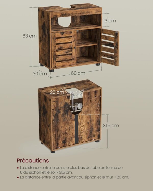 VASAGLE Meuble sous Lavabo, Meuble de Salle de Bain, Placard de Rangement, 30 x 60 x 64 cm, convient aux Lavabos sans Colonnes, avec 2 Portes Persiennes, Planche Réglable, Marron Rustique BBK04BX – Image 3