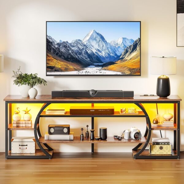 YITAHOME 160cm Meuble TV avec 2 AC & 2 Prises USB pour Les téléviseurs jusqu'à 70 Pouces avec 7 LED RVB 22 Modes Lumières Centre de Divertissement pour Le Salon et la Chambre Brown Rustique – Image 2