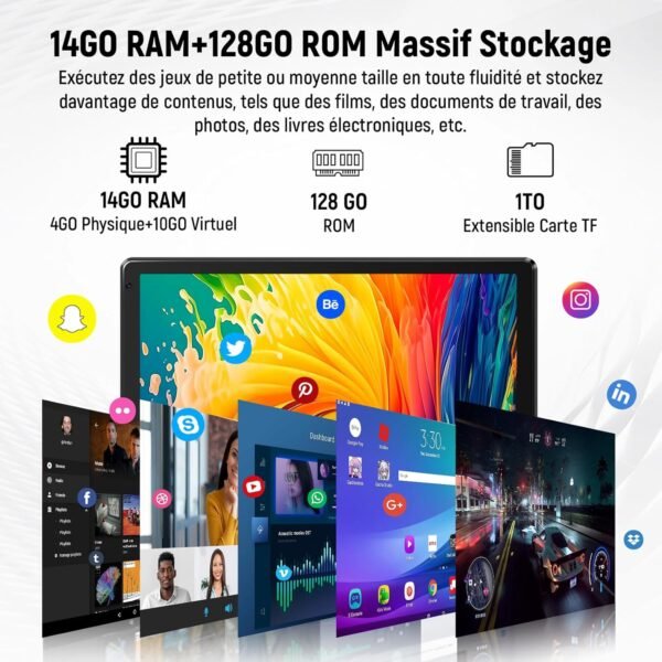 Yicty Tablette Android 14 avec Wi-FI 6 Octa-Core 14 GO RAM+128 GO ROM (Extensible Jusqu'à 1 to) Tablette Tactile avec Widevine L1 5000mAh 5MP+8MP Tablette 10 Pouces avec Clavier+Souris et Cas (Noir) – Image 3