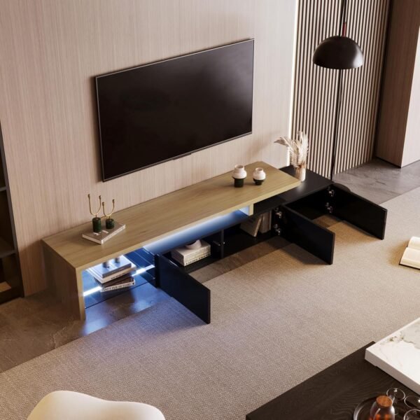 JOROBURO Meuble TV Moderne avec lumières LED Variables, 3 Portes et étagères en Verre – Buffet élégant pour Salon (Blanc) (Noir) – Image 3
