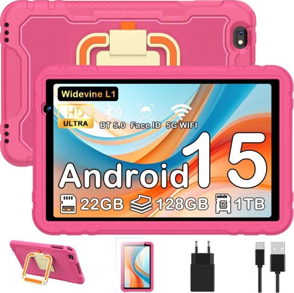 JUEDUR Android 15 Tablette Enfants 10 Pouces, 22Go RAM+128Go ROM(TF 1To), Octa-Core, 8000mAH, WiFi 6, 5+8MP, Contrôle Parental, avec EVA Étui de Protection Antichoc, 360° Rotatif Support （Rouge ）
