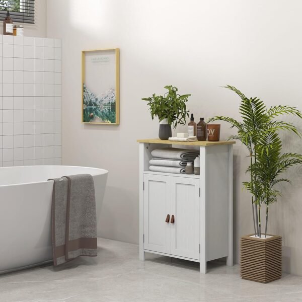 kleankin Meuble Bas de Salle de Bain Multi-rangements Grande Niche Placard Double Porte avec étagère réglable en Hauteur Blanc et Naturel – Image 7
