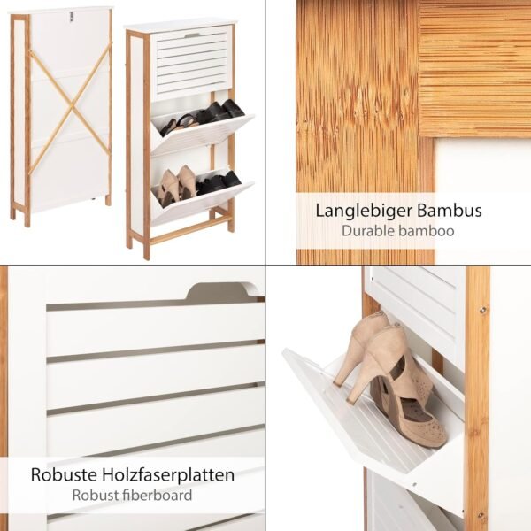 ONVAYA® Armoire à chaussures en bambou blanc - Peu encombrant avec 3 rabats - Meuble à chaussures étroit avec espace pour 9 paires de chaussures - Matériau robuste avec découpes pour la circulation de – Image 5