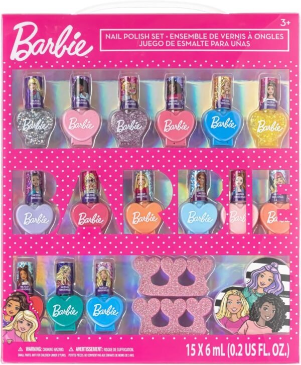 Barbie Movie 18 pièces Ensemble de maquillage à base d'eau pour enfants, comprend 15 vernis à ongles avec 2 espaceurs à orteils et 1 fichier à ongles pour les filles de 3 ans et plus, par Townley Girl