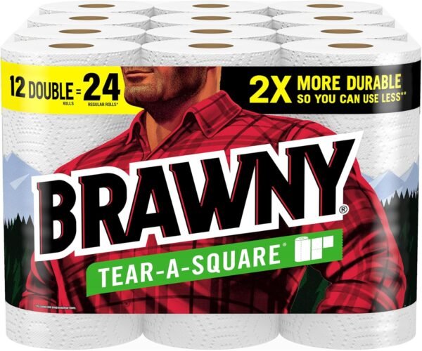 Brawny Tear-A-Square Lot de 12 rouleaux doubles = 24 rouleaux ordinaires, 3 tailles de feuilles (quart, demi, plein), résistance à tous les dégâts, nettoyages et préparation des repas