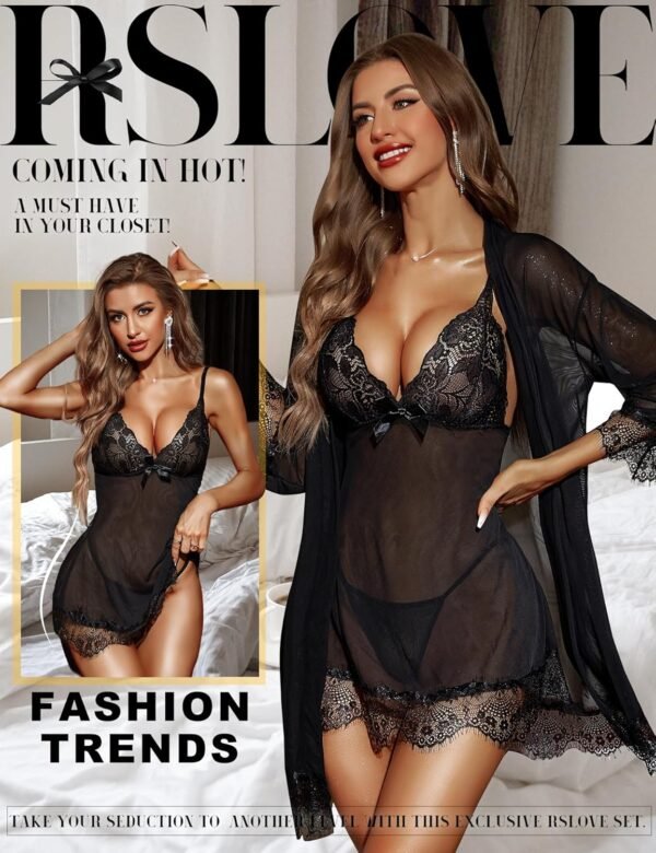 RSLOVE Nuisette Sexy Femme Robe de Nuit Lingerie Babydoll avec G-String Ensemble Lingerie Dentelle Feminin 3 Pièces – Image 2