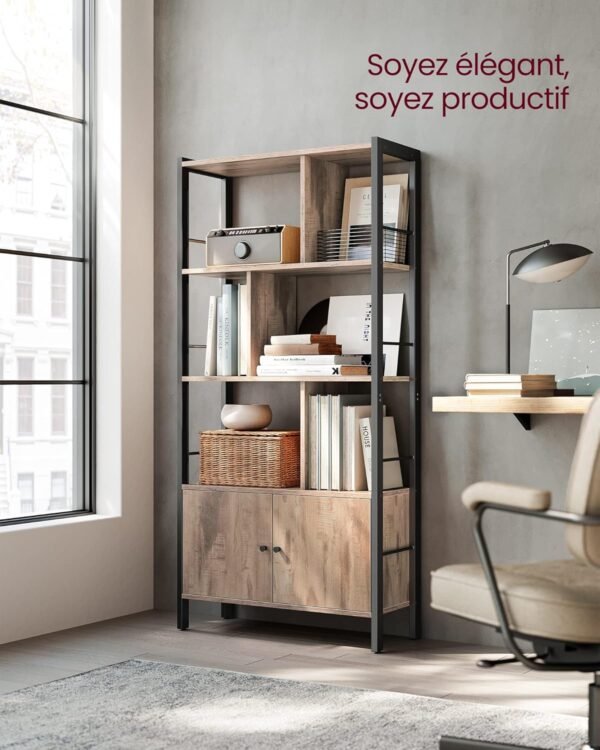 VASAGLE Étagère, Bibliothèque à 4 Niveaux, Meuble de Rangement, Placad, avec Portes, Grand, Cadre en Acier, pour Salon, Bureau, Chambre, Style Industriel, Marron Camel et Noir d'encre LBC022B50 – Image 4