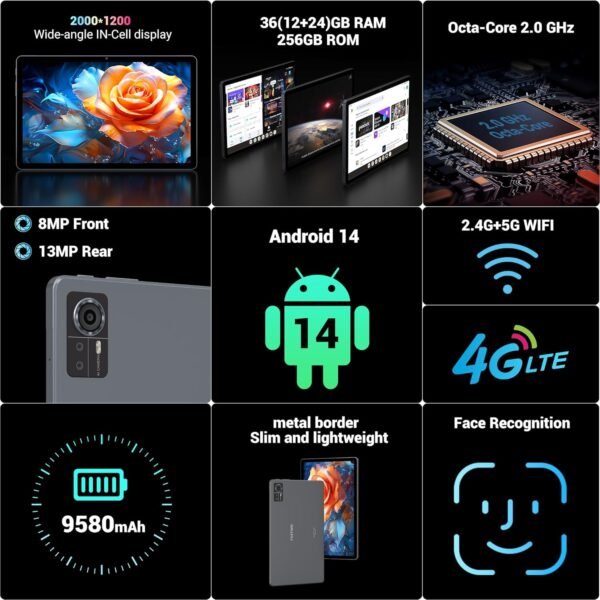 FASTWD Tablette 11 Pouces Android 14 Tablet,2025 Newest Tablette Con 4G LTE /5G WiFi,36GB RAM+256GB ROM,9580mAh,2000 * 1200 incell FHD,Widevine L3,GPS/BT5/Tablette avec étui,Gris – Image 2