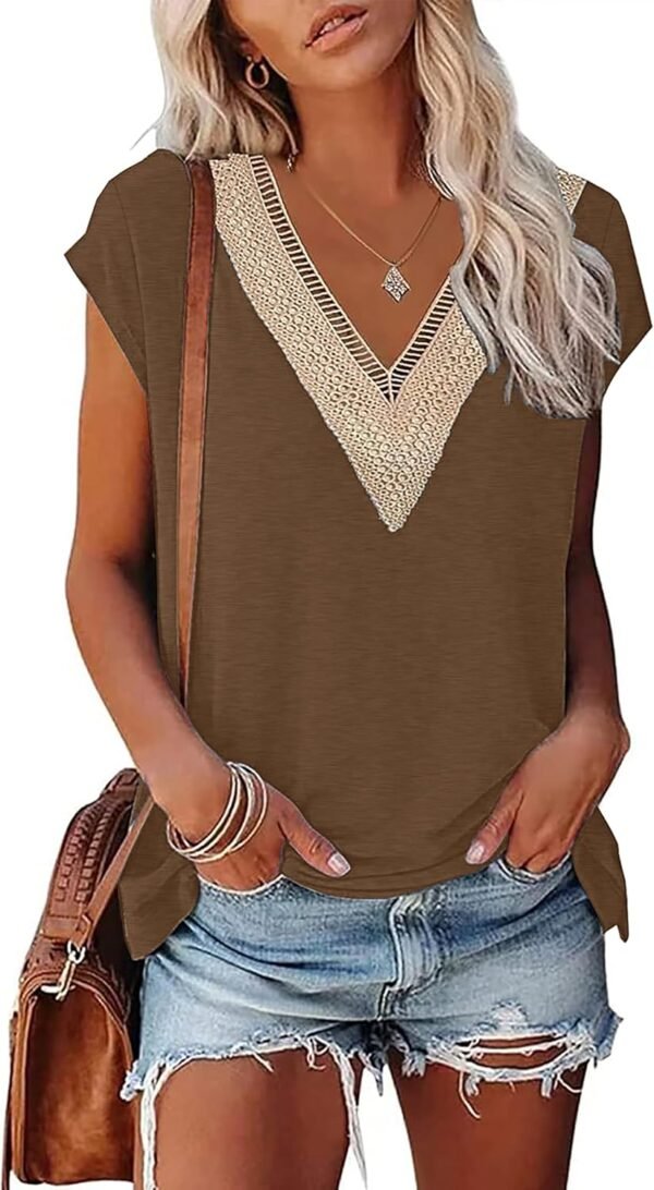 PLOKNRD T-Shirt D'été à Manches Courtes pour Femme Col en V et Élégant Décolleté Dentelle Été Top Lâche Classique