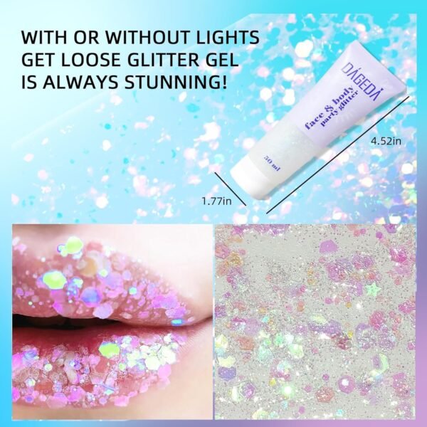 Prreal Body Glitter Gel 50ml, Paillettes de visage, Body Gel paillettes Shimmer liquide fard à paupières, Paillettes Chunky Holographique Laser poudre Festival Glitter(06 blanche) – Image 6