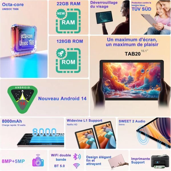 Dghrti 2025 Tablette Tactile 10 Pouces Android 14 Tablet, 22Go+128Go ROM/TF 1TB, 8000mAh, UFS 2.1 Flash, Octa-Core 2.0GHz, WiFi 5G+2.4G, BT5.0, 8MP+5MP, Widevine L1, avec Clavier Souris - Or – Image 2