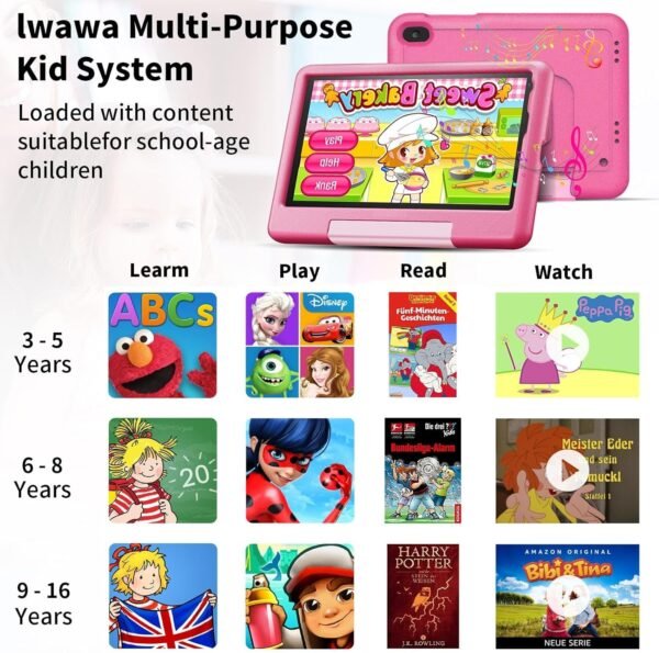 Tablette Enfants 8 Pouces 6Go RAM + 128Go ROM (TF 1To) Android 13 GMS Certified, Logiciel Enfant Pré-Installé, Éducative, Contrôle Parental,WiFi,4000mAh, Tablette Tactile avec Kid-Proof Étui -Rose – Image 7