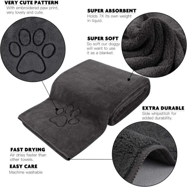 KinHwa Serviette pour Chien Super Absorbant，76cm x 127cm Grande essuie Patte Peignoir Chien séchage Rapide avec Brodé Patte Impression de Nettoyage pour la Pluie,la Douche et la Natation Gri foncé – Image 3