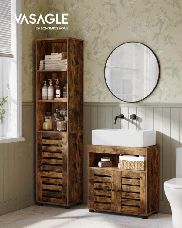 VASAGLE Meuble sous Lavabo, Meuble de Salle de Bain, Placard de Rangement, 30 x 60 x 64 cm, convient aux Lavabos sans Colonnes, avec 2 Portes Persiennes, Planche Réglable, Marron Rustique BBK04BX – Image 4