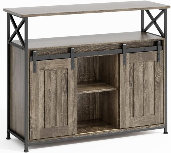 Blishom Buffet de Cuisine avec 2 Portes Coulissantes - Armoire de Rangement avec Étagères Réglables, 100 x 33 x 80 cm, pour Salon, Cuisine et Couloir, Gris – Image 8