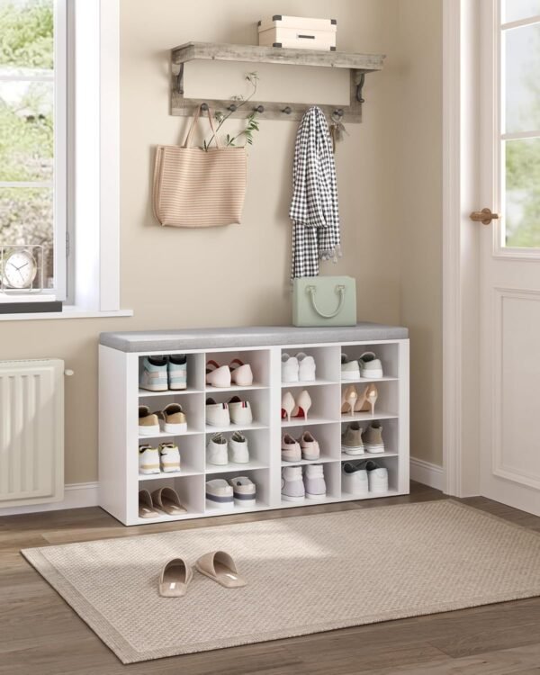Hzuaneri Banc à Chaussures, Support à Chaussures avec Siège, Banc avec Rangement, Coussin, 16 Compartiments, pour Salon, Couloir, Chambre, Blanc-Gris SB25603GY – Image 2