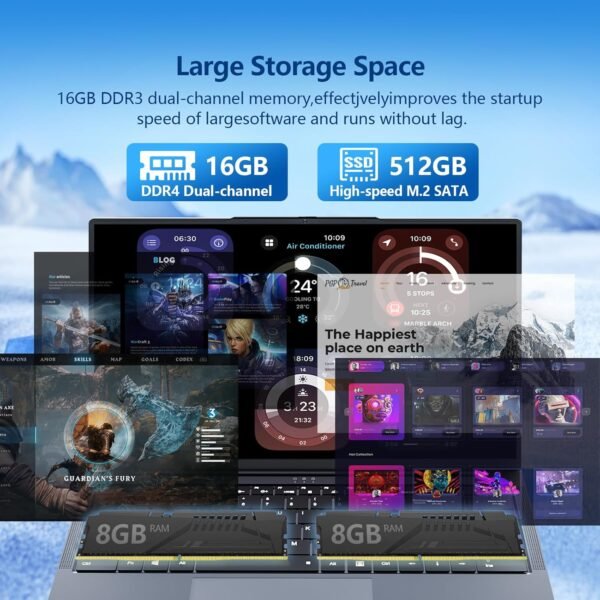 16 Pouces Ordinateur Portable, Processeur Core i5 8210Y Jusqu'à 3,6G Hz 16Go RAM, 512Go SSD WIN 11, PC Portable écran 1920 x 1200 IPS, RJ45, USB 3.0, HDMI, BT 5.0, Laptop Pavé Numérique Rétroéclairé – Image 5