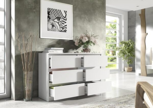 Commode 138,5 cm avec Façades Mat - avec 6 tiroirs – 138,5 x 78,5 x 39 cm - Meuble de Rangement - Commode Chambre - Meuble Salon Classique (Blanche) – Image 4