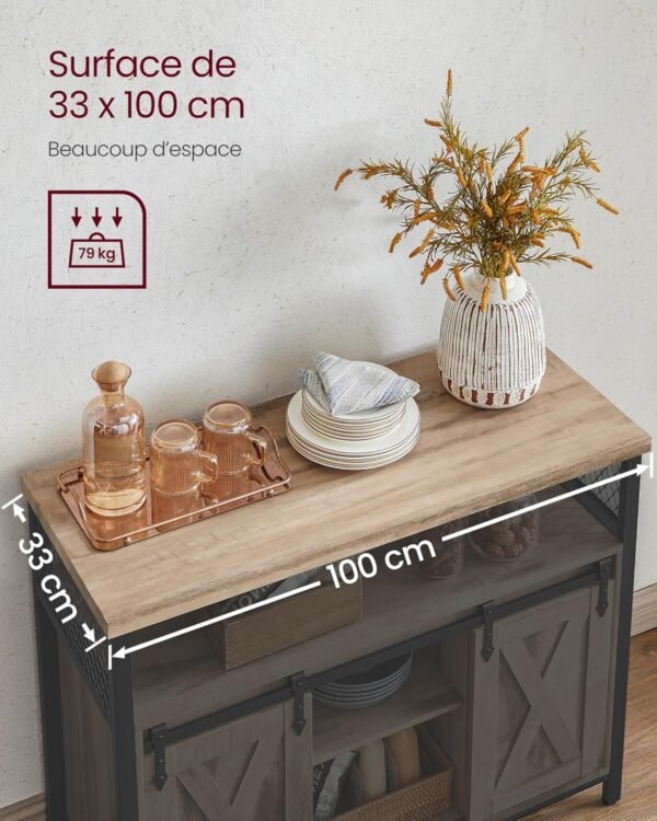 VASAGLE Meuble de Rangement, Buffet Cuisine, Commode, avec 2 Portes Coulissantes, 33 x 100 x 80 cm, Étagères Réglables, pour Salon, Marron Camel et Noir d'encre LSC092B50 – Image 6