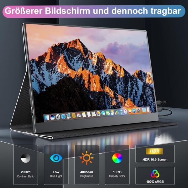 CUIUIC Ecran Portable 18,5 Pouces 120Hz, écran IPS Moniteur Portable HDR 1080P 100% sRGB, avec Mini HDMI et USB Type C, VESA, Deuxième écran pour Laptop/PS5/Xbox/Téléphone – Image 3