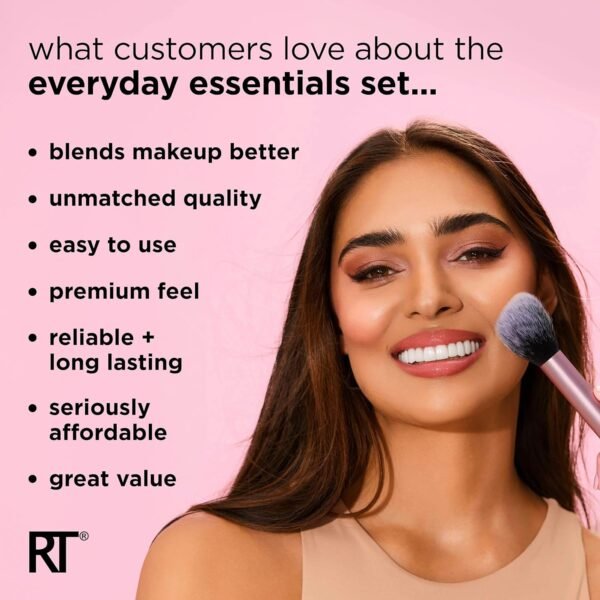Real Techniques Ensemble de 5 pièces Everyday Essentials +, pinceaux à maquillage et éponge à maquillage, pour fond de teint, fard à joues, poudre bronzante, sans cruauté envers les animaux – Image 5