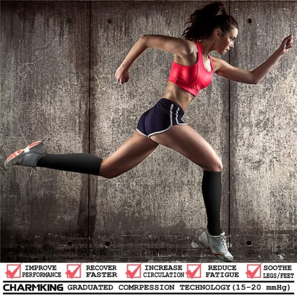 Bas de contention Charmking pour hommes et femmes (3 paires) - ceux de 15-20 mmHg sont les meilleurs pour l'athlétisme, la course, l'avion, les voyages, les infirmières, les œdèmes - Noir - – Image 2