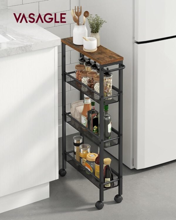 VASAGLE Desserte 4 Niveaux, Étagère de Cuisine Fin avec roulettes, Cadre en Acier, Poignée, Petit Espace, 13 x 45,4 x 77 cm, Salle de Bain, Salon, Bureau, Marron Rustique et Noir LRC032B01V1 – Image 2