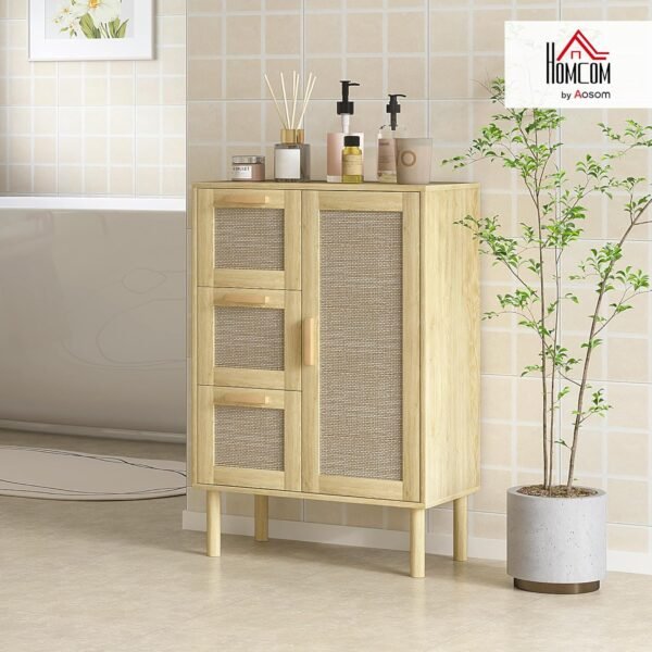 HOMCOM Meuble Salle de Bain, Meuble de Rangement avec tiroir, Placard, étagères réglables et Porte à rotin, Armoire pour Salle de Bain Salon Cuisine, Style bohème, 55 x 30 x 82 cm, chêne – Image 2