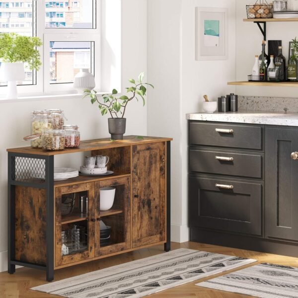 VASAGLE Meuble de Rangement, Buffet, Armoire de Cuisine, Placard, avec 3 Portes, pour Salon, Cuisine, Salle à Manger, 33 x 110 x 75 cm, Style Rustique, Marron Rustique et Noir LSC096B01 – Image 3