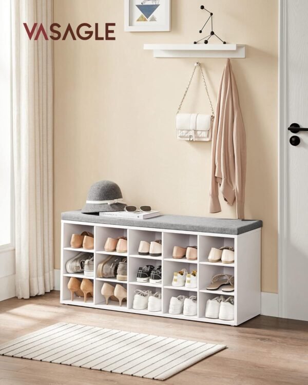 VASAGLE Banc à Chaussures, Organiseur de Chaussures avec 15 Compartiments, Siège Rembourré, pour Entrée, Couloir, Placard, Blanc Nuage et Gris Tourterelle LHS15WT – Image 2