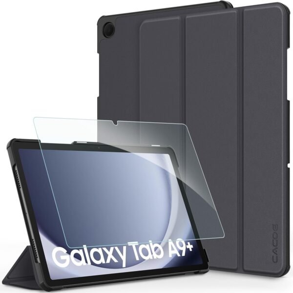 CACOE Coque Compatible avec Samsung Galaxy Tab A9+ / A9 Plus 11Pouces 2023, Fin Étui avec Verre Trempé avec Fonction Support pour SM-X210/ X215/ X216 2023, Gris Foncé