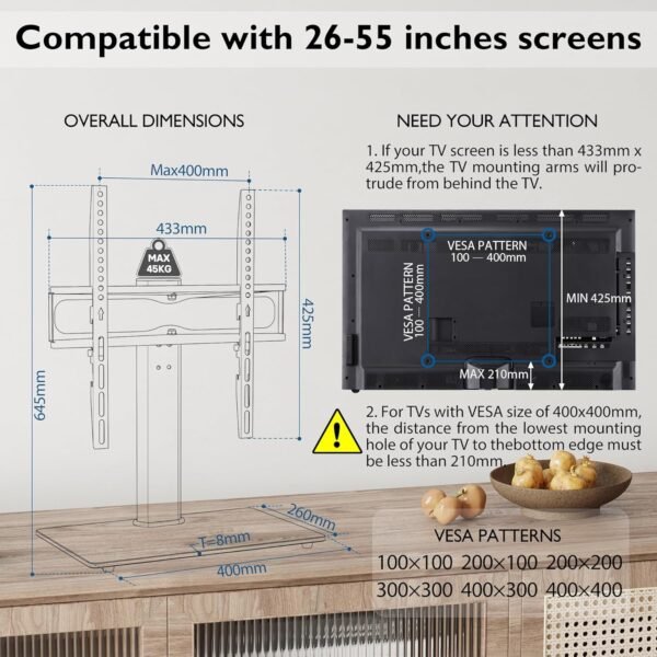 BONTEC Support TV sur Pied TV Universel Pivotant pour Télévisions de 26 à 55 Pouces LCD/LED/Plasma Hauteur Réglable avec Base en Verre Trempé de 8 mm - Charge Maximal 45kg Max VESA 400x400 mm – Image 6