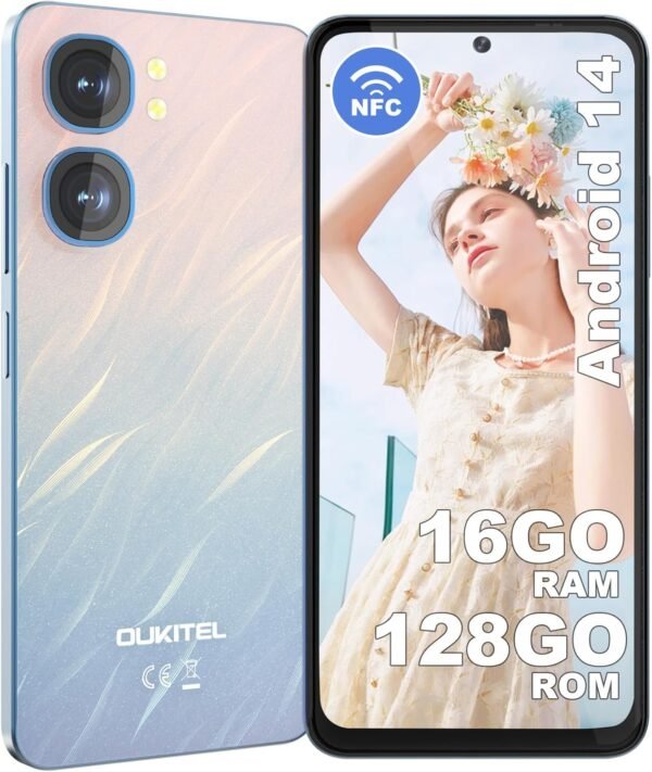 OUKITEL C58 Téléphone Portable Android 14, 16Go+128Go/TF 1To Smartphone Pas Cher, Écran 6.67" HD/90Hz, Batterie 5150mAh Smartphone débloqué 13MP+5MP, Double SIM 4G/NFC/Fingerprint/GPS, Bleu