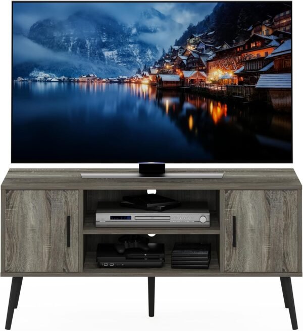 Furinno Claude Meuble TV de Style Milieu du Siècle avec Pieds en Bois, pour Téléviseur Jusqu'à 50 Pouces, Deux Armoires, Engineered Wood, Chêne Français Gris, Two Cabinets – Image 6