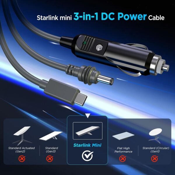 Hugener Câble 3 en 1 pour Starlink Mini - 3 m USB C/Chargeur de Voiture/Câble de Rechange DC vers DC - Rallonge Étanche pour Accessoires Power – Image 2
