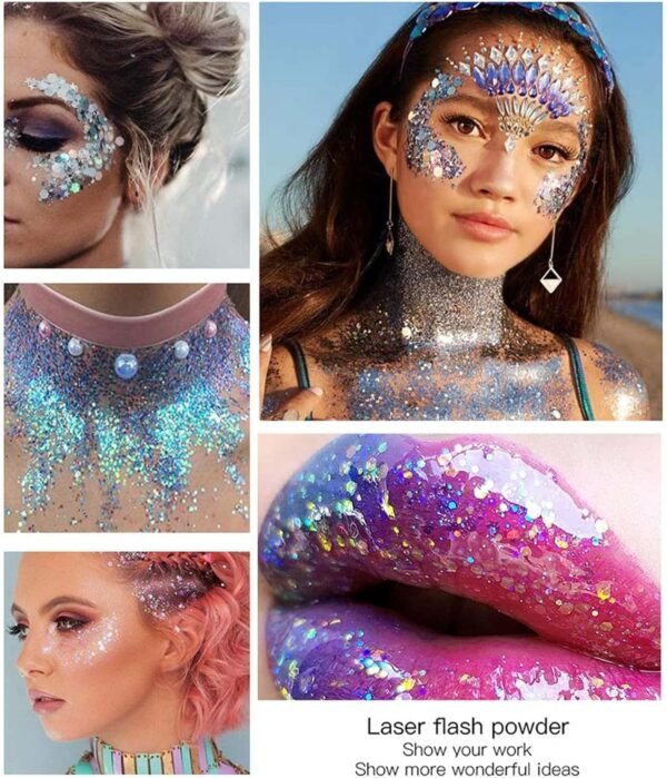 Prreal Body Glitter Gel 50ml, Paillettes de visage, Body Gel paillettes Shimmer liquide fard à paupières, Paillettes Chunky Holographique Laser poudre Festival Glitter(06 blanche) – Image 3