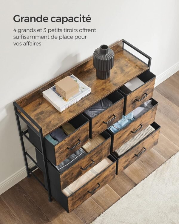SONGMICS Commode, Armoire, Meuble de Rangement, 7 Tiroirs en Tissu avec Poignées, Cadre en Métal, Style Moderne, Marron Rustique et Noir d'Encre LTS137B01 – Image 4