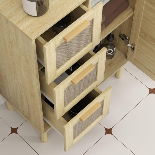 HOMCOM Meuble Salle de Bain, Meuble de Rangement avec tiroir, Placard, étagères réglables et Porte à rotin, Armoire pour Salle de Bain Salon Cuisine, Style bohème, 55 x 30 x 82 cm, chêne – Image 9