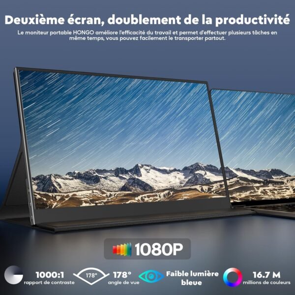 HONGO Moniteur Portable, Laptop Écran Portable 15,6" 1080P IPS Écran PC Portable Haut-parleurs Intégrés, Moniteur pour Ordinateur Portable, PC, Mac, X-Bo, Switch, Deuxième Ecran Portatif USB C – Image 2